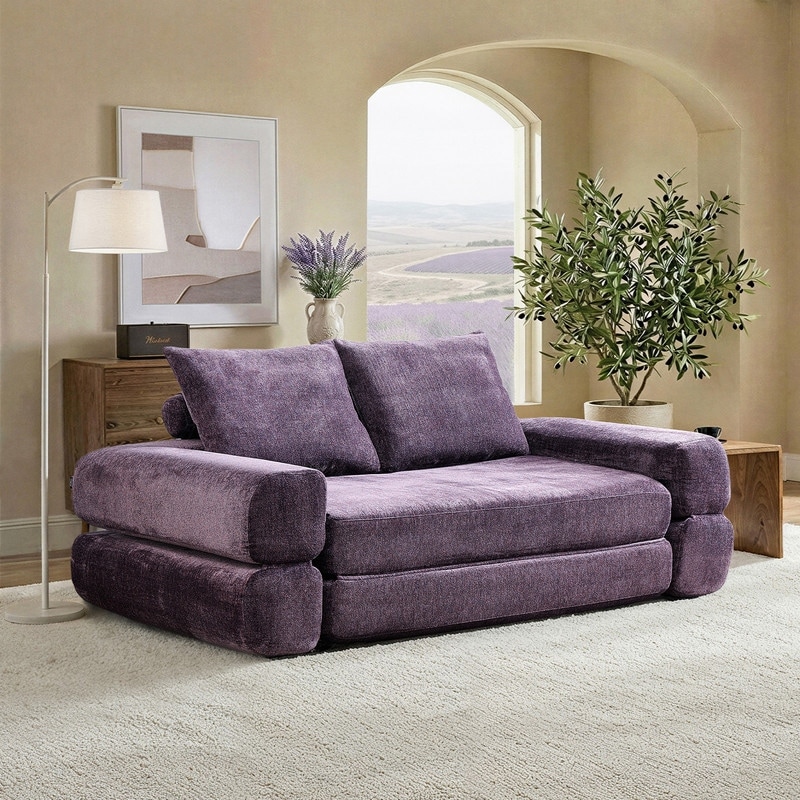 Modern Chenille Convertible Sofa Bed Queen Size Split Back Design