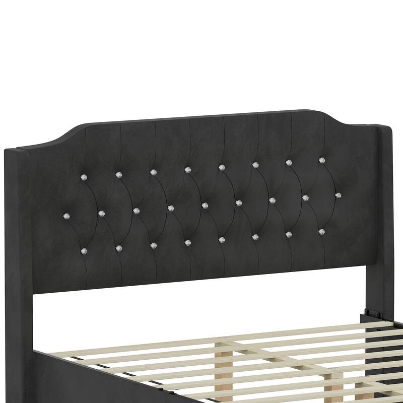 Queen Size Tufted Upholstered Bed Frame with Crystal Button Accents, Wingback Headboard and Under-Bed Storage Space,Beige