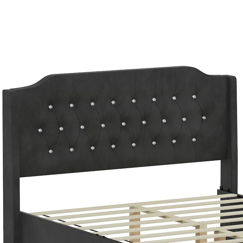 Crystal Button Accents Wingback Tufted Headboard Bed Frame, Platform Bed with Under-Bed Storage Space, Wood Low Profile Bed