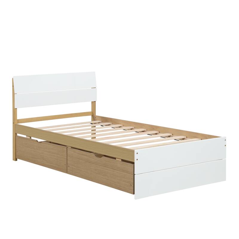 Modern Twin Bed Frame with 2 Drawers, High Gloss Headboard, Light Oak Finish