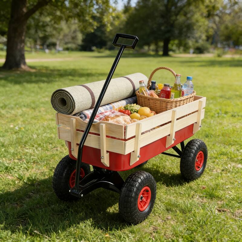 outdoor sport wagon tools cart wooden side panels air tires Wagon (red)