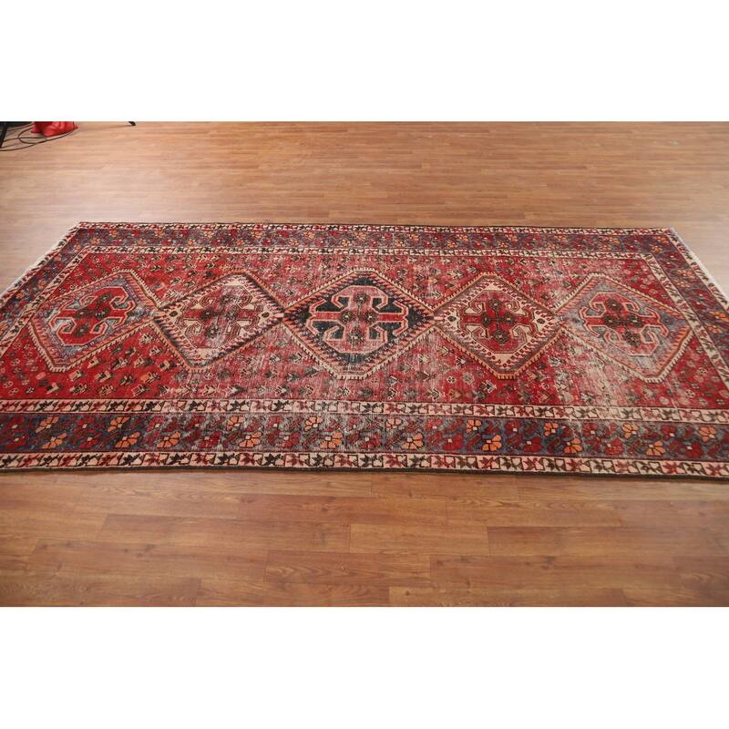 Distressed Bakhtiari Persian Vintage Rug Handmade Red Wool Carpet - 4'10"x 9'10"