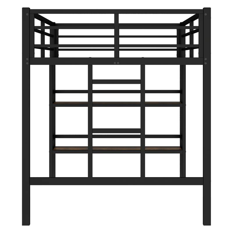 Twin Size Metal Loft Bed with Storage Shelf, Ladder & Guardrails for Kids, Black