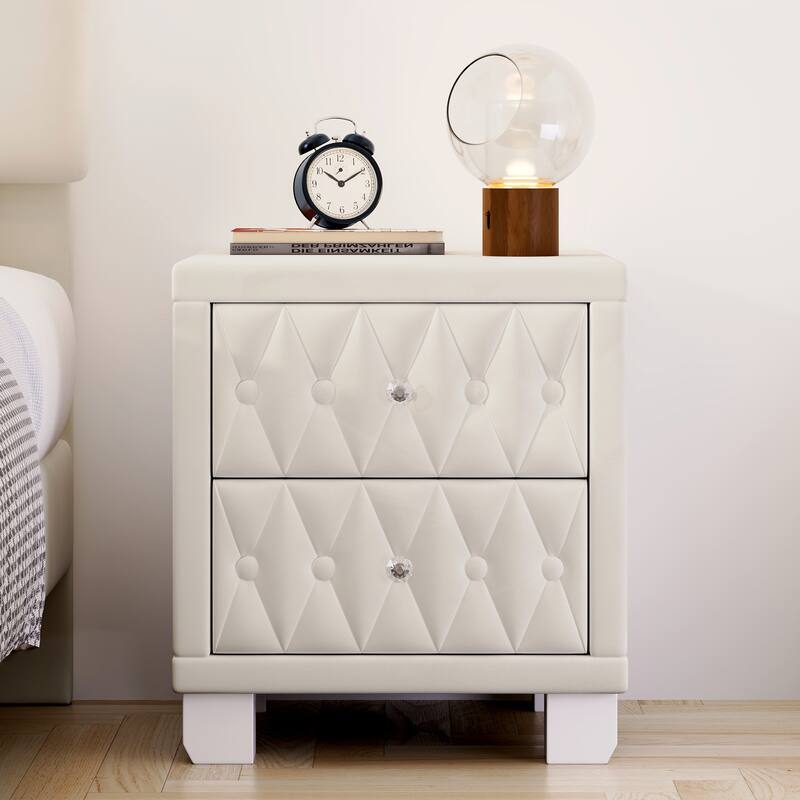 Velvet Nightstand with 2 Drawers, Elegant Upholstered Nightstand with Button-Tufted and Crystal Handle, Wood Bedside End Table
