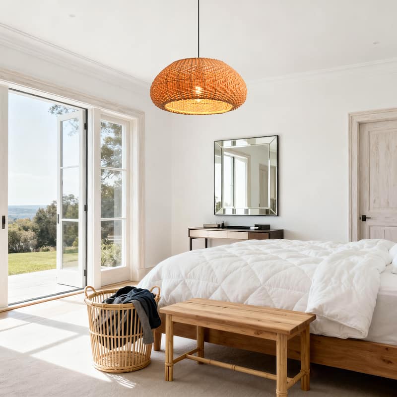 18.9" Bohemian Light Brown Handwoven Rattan Caged Pendant Light - 18.9" D x 18.9" W x 55.12" H