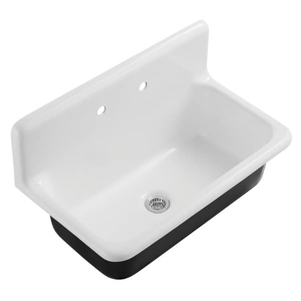 slide 2 of 4, Petra Galley Cast Iron Single Bowl Wall Mount Kitchen Sink with 2-Hole Drain and Strainer