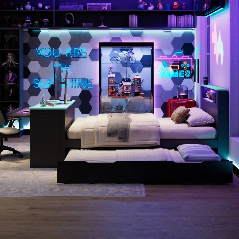 Wood Daybed with Trundle & Built-in Desk, LED Lights & USB Charging Port, Available in Full or Twin