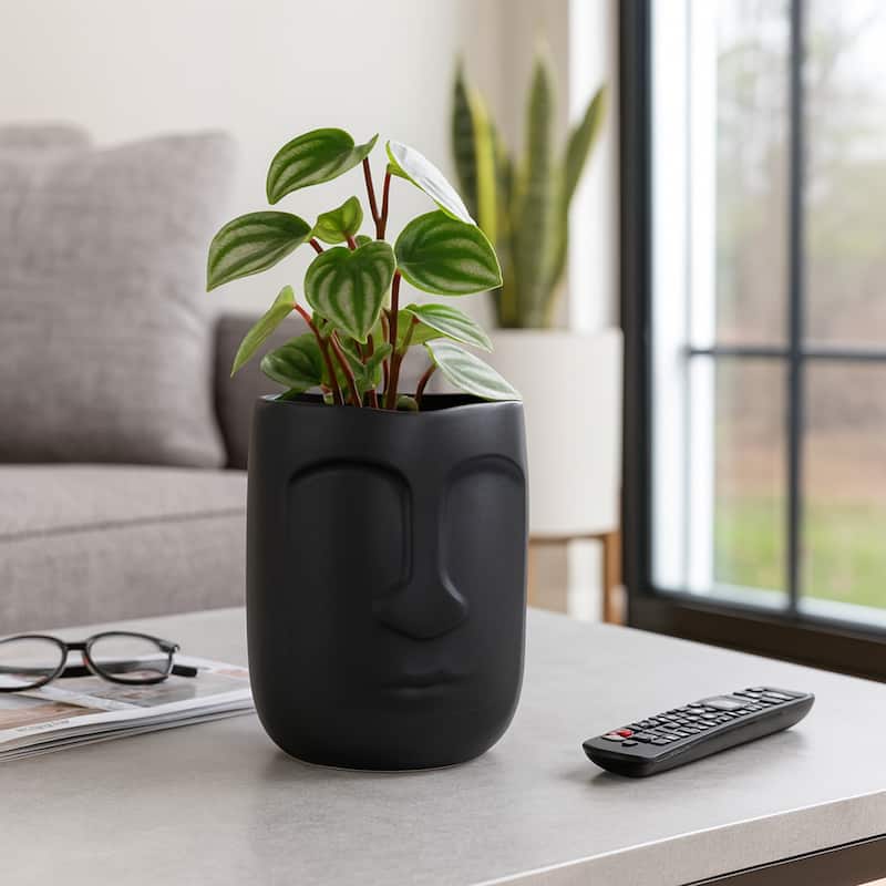 6" Ceramic Planter Vase, Face Design Vase in Black Planter Pot for Succulents and Plants, Indoor or Outdoor Ceramic