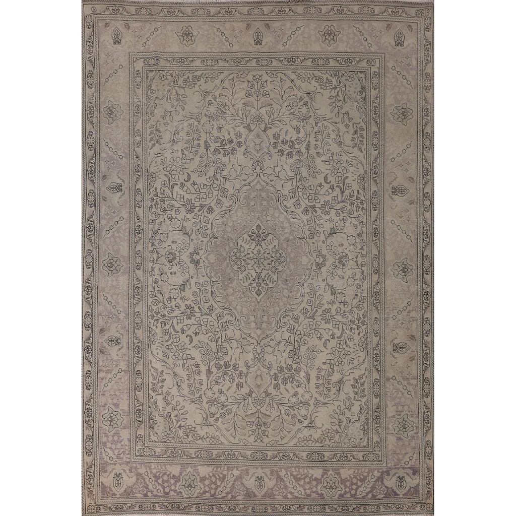 Floral Distressed Tabriz Persian Vintage Rug Hand-Knotted Wool Carpet - 8'4"x 11'5"