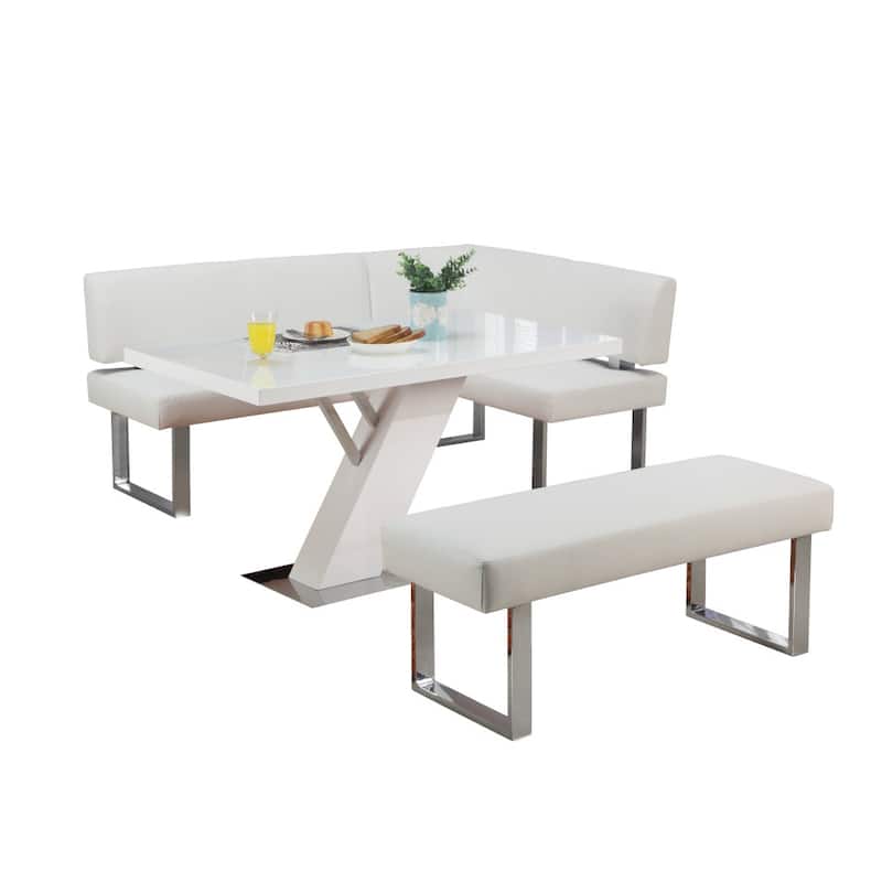 Somette Lillian Gloss White Dining Set with Nook and Bench
