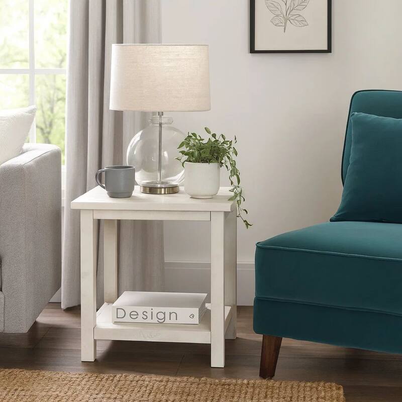 Ayne Side End Table, 1 Bottom Shelf, White Wood Frame, Square 20 Inch