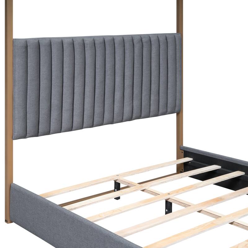 Queen Size Canopy Platform Bed with Upholstered Headboard, Sturdy Metal Frame, and 4-Poster Design, Perfect for Master Bedrooms