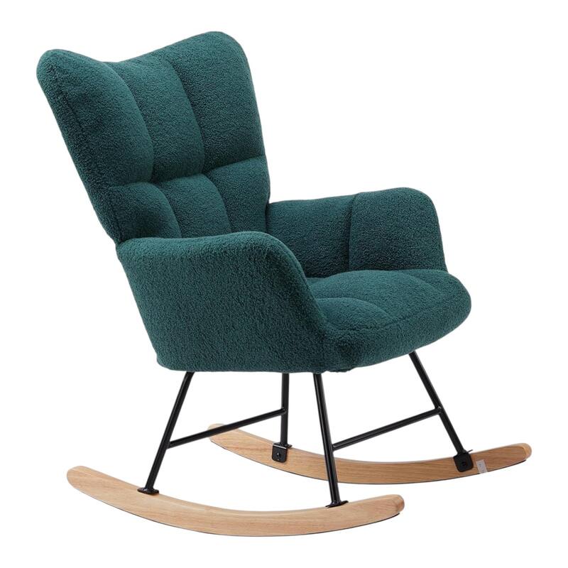 HomeRoots 23" Green and Black Boucle Steel And Wood Glider Rocking Chair - 22.80 in. x 38.98 in. x 33.61 in.