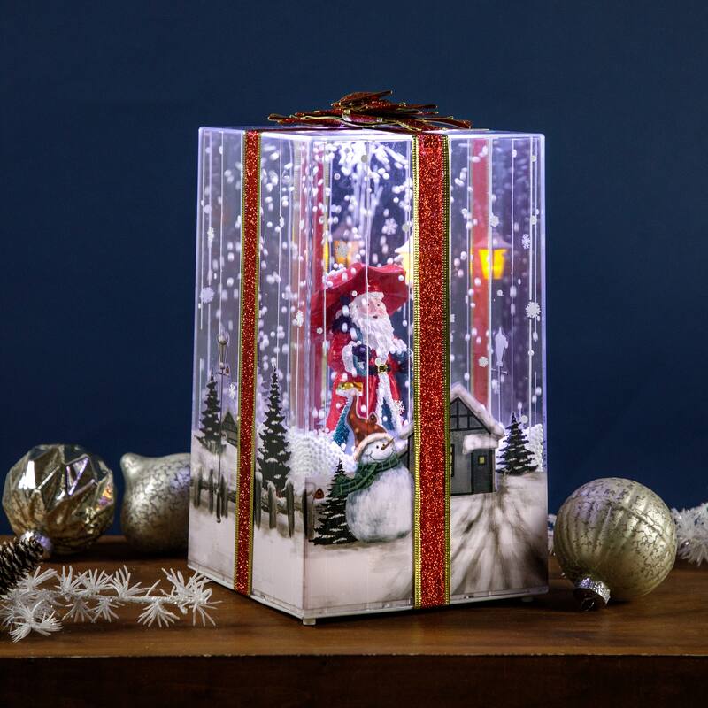Musical Santa Lighted Snowing Gift Box with Ribbon Christmas Decoration - 12"