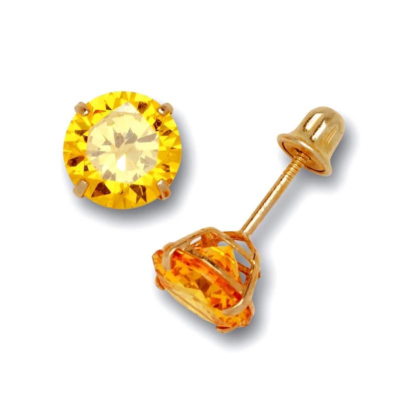 14K Yellow Gold 6mm Round Cubic Zircornia Birthstone Basket-Set Solitaire Screw-back Stud Earrings (12 colors) - Citrine