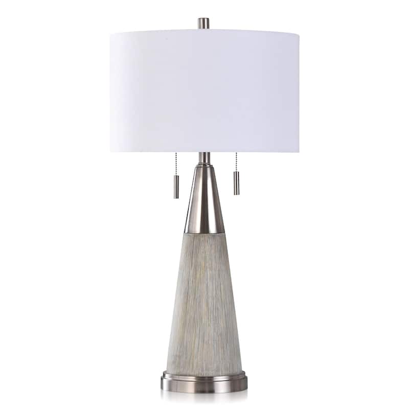 Cigala Silver - Conical Driftwood Stamped Resin Table Lamp with Brushed Chrome Accents - White Shade - Polished Chrome