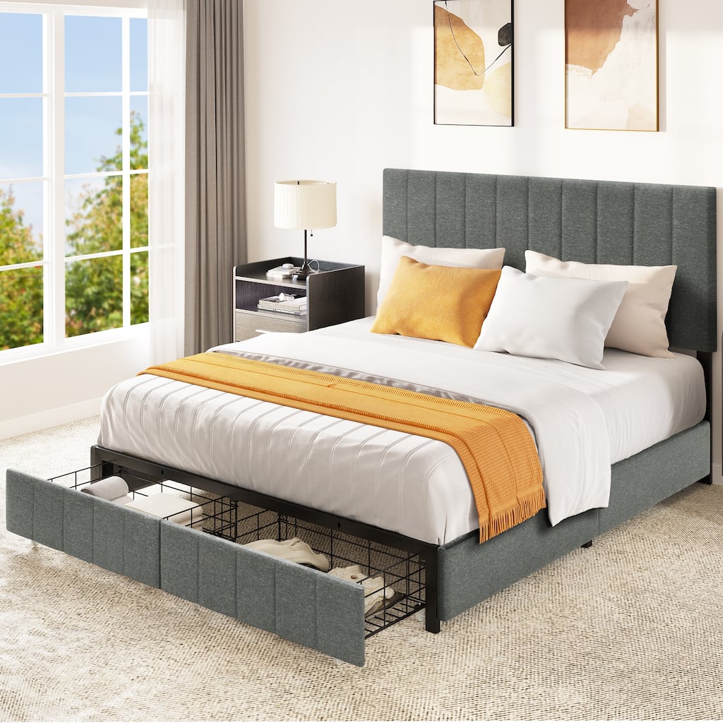 Modern Queen Grey Upholstered Bed Frame with Storage Drawers