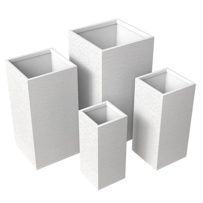 Basalt 4-Piece Tall Square Planter Set, Durable Fiberstone & Clay, Weather-Resistant Indoor/Outdoor Pots with Drainage