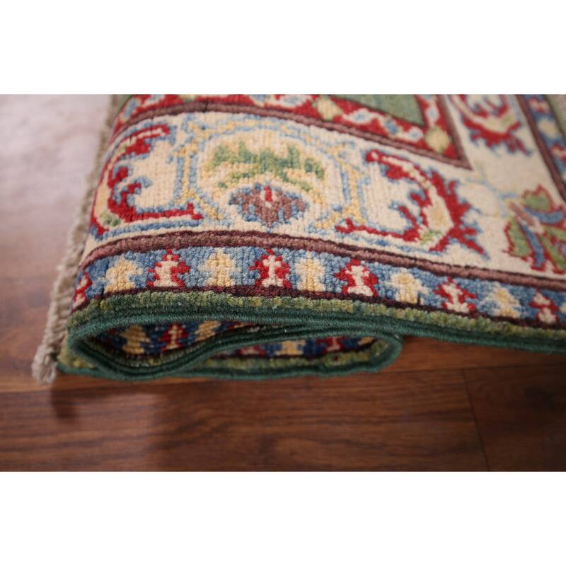 Green Geometric Kazak Foyer Rug Hand-Knotted Wool Carpet - 2'0" x 2'8"
