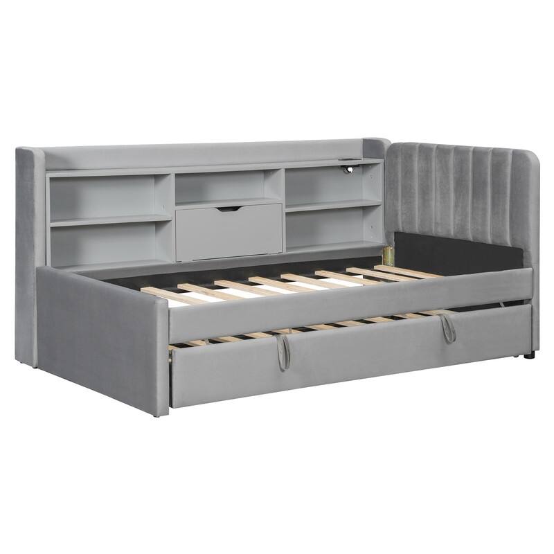 Twin Size Upholstered Daybed with Trundle, Storage Platform Bed Frame with Shelves and Charging Station