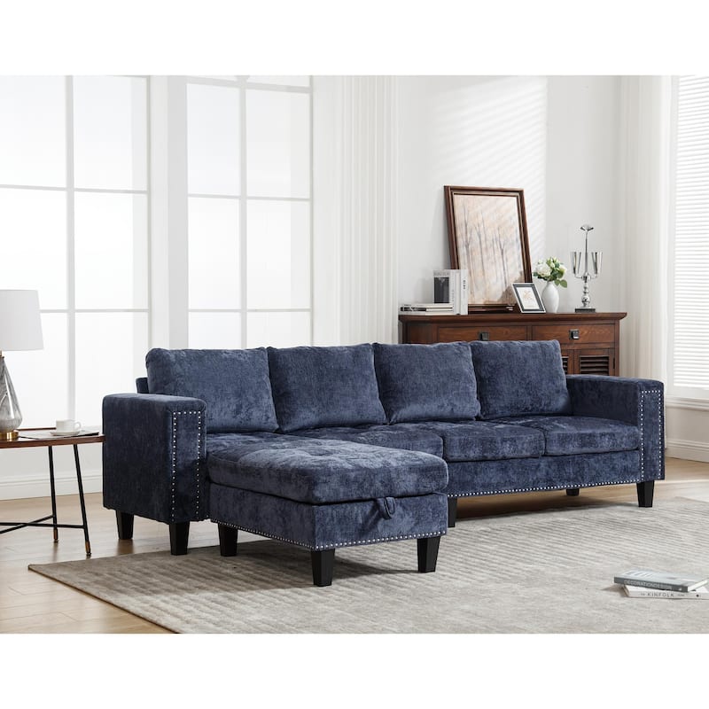 Blue 104.5'' L-Shaped Modular 5-Seat Sectional Sofa with Storage Ottoman, Reversible Chaise, and 4 Back Cushions