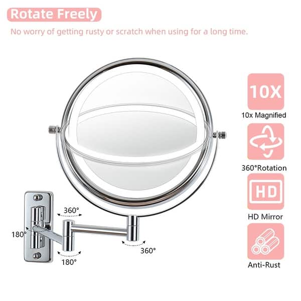 dimension image slide 2 of 5, 8 inch Double-Sided Wall Mounted 10X LED Magnifying Bathroom Mirror