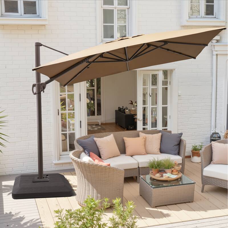 Outdoor 11 x 9 FT Patio Cantilever-Offset Umbrella with 4-Piece Fillable Weighted Base - Tan