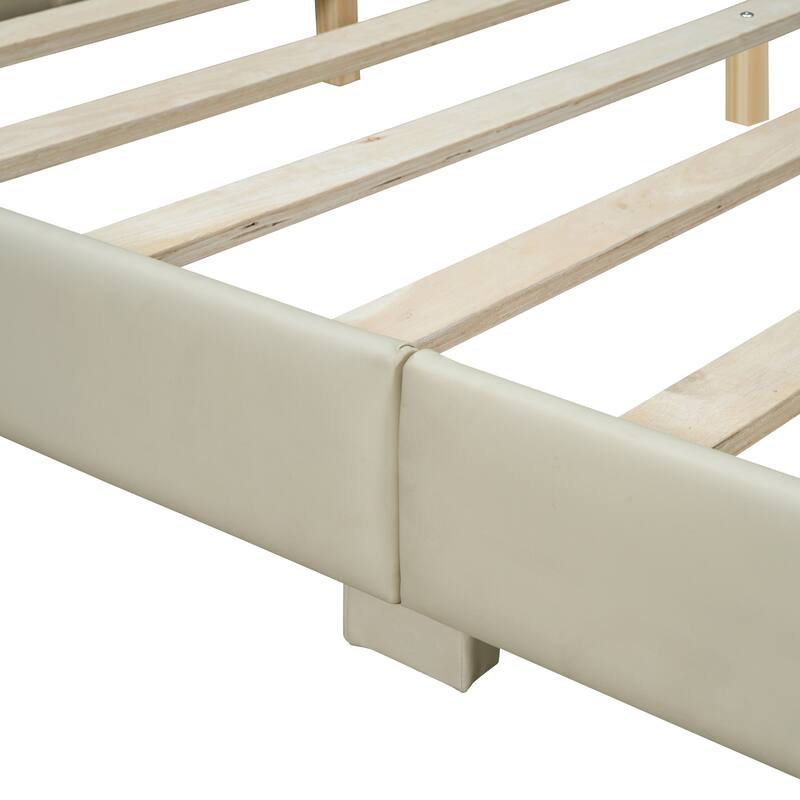 Queen & Twin XL Upholstered Platform Bed, PU Leather, Beige, Mother & Child Design