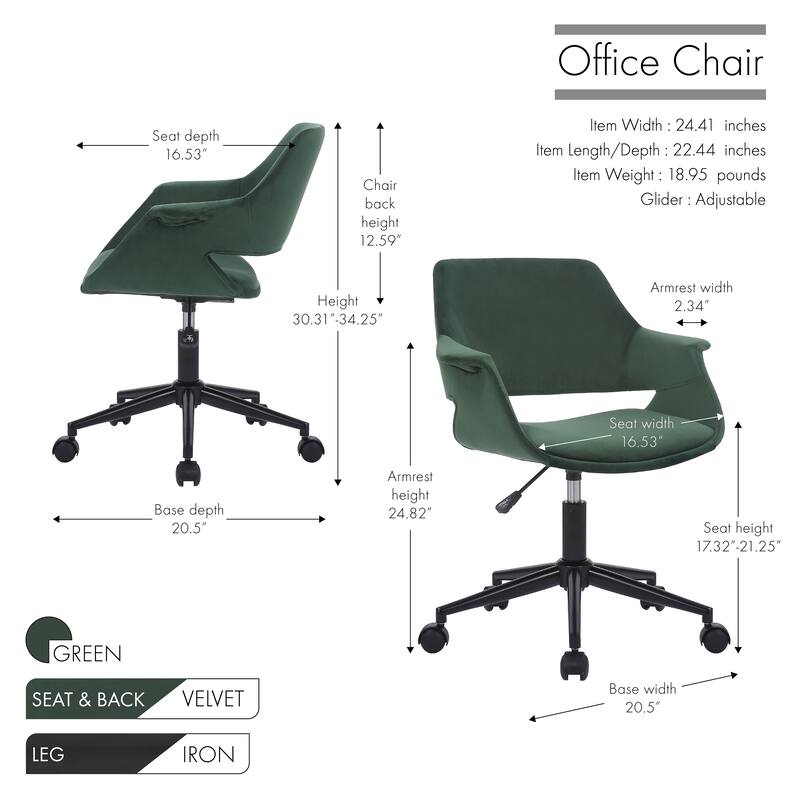 Porthos Home Rylee Swivel Office Chair, Velvet, Adjustable Height