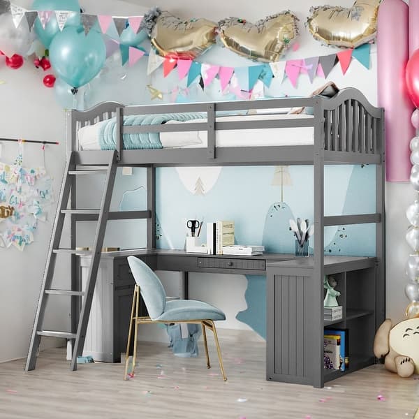slide 2 of 15, Twin Size Wooden Loft Bed With Drawers,Cabinet,Shelves and Desk for Home Grey