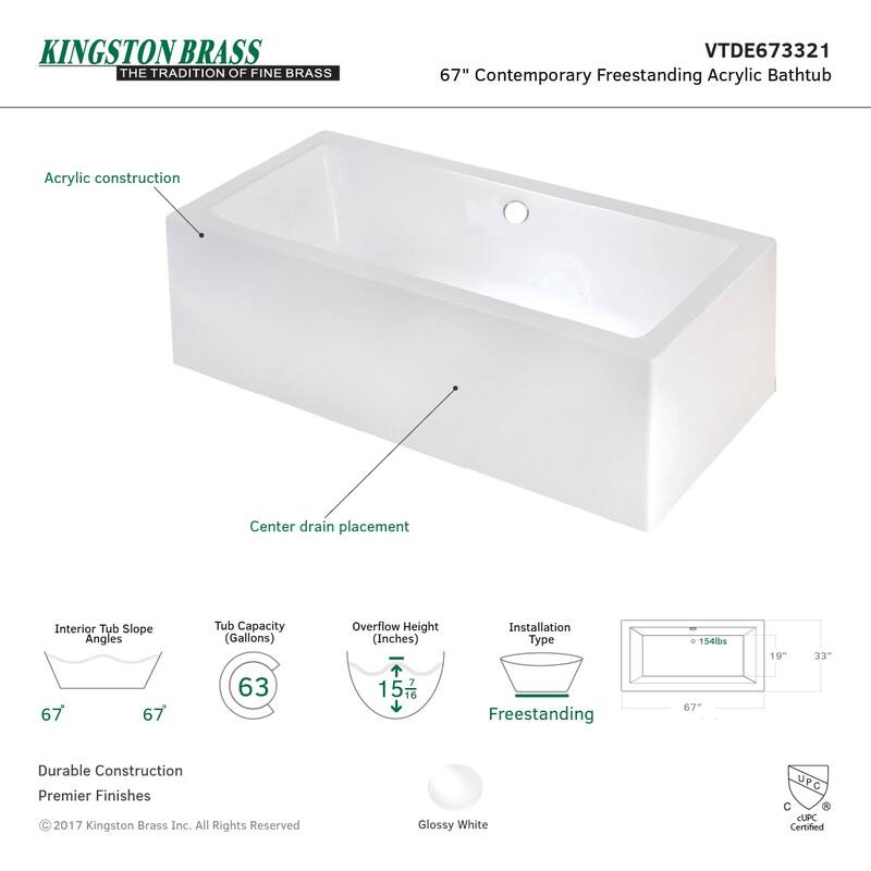 Kingston Brass Aqua Eden 67" Acrylic Soaking Bathtub for Freestanding