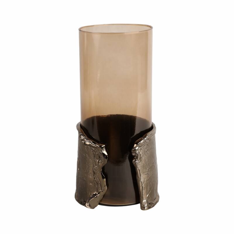 Candle Holder - Brown Glass with Metal Wraparound