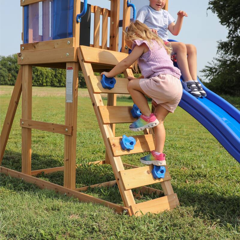 Backyard Discovery Bay Pointe Cedar Wood Swing Set, Slide, Play Deck - 10'3" x 8'11"