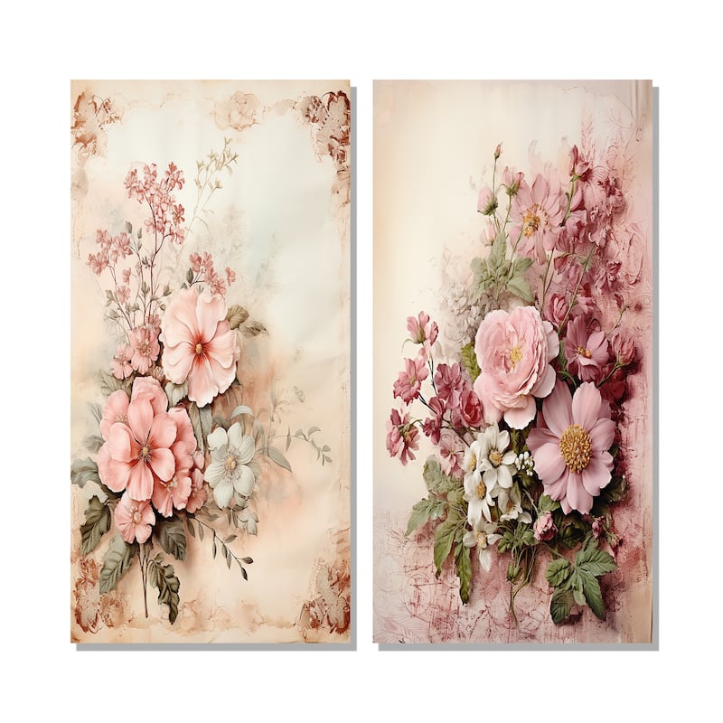 Designart "Blossoming Pink Rose Rustic Bouquet I" Rose Wall Art Set of 2 - Traditional Wall Art For Bedroom