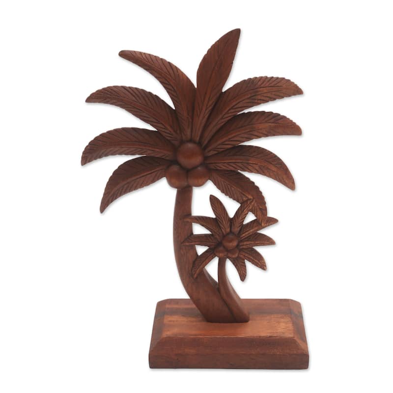 NOVICA Handmade Coconut Trees Wood Statuette - 12.5" H x 6" W x 3.5" D