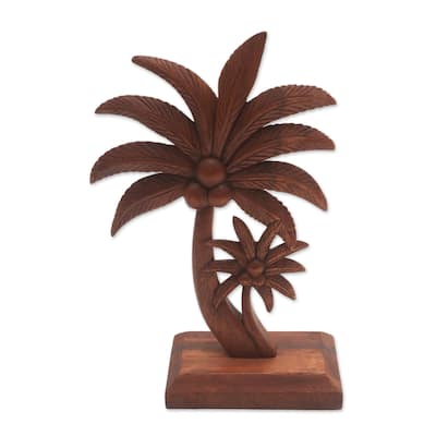 NOVICA Handmade Coconut Trees Wood Statuette - 12.5" H x 6" W x 3.5" D