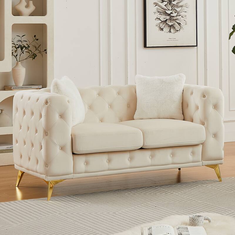 Velvet Chesterfield Loveseat Sofa, Tufted Button Upholstered 2 Seater Sofa, Lounge Sofa Chair with 2 Pillows & Metal Legs