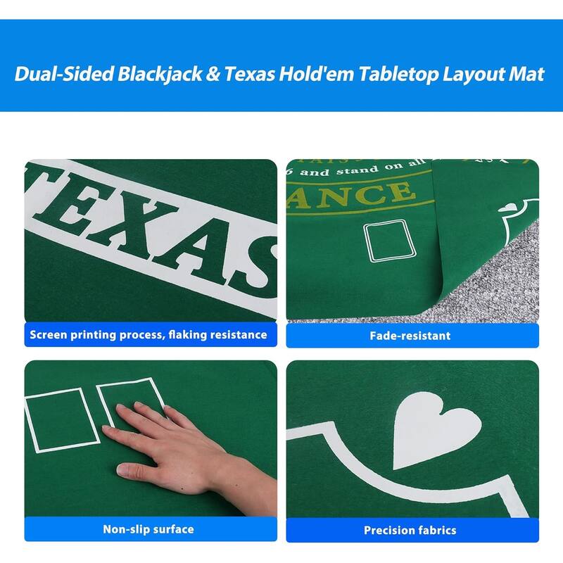 36"x72" Double Sided Casino Blackjack & Texas Hold'em Poker Tabletop Layout Felt, Casino Table Top Cover Mat - Layout Felt
