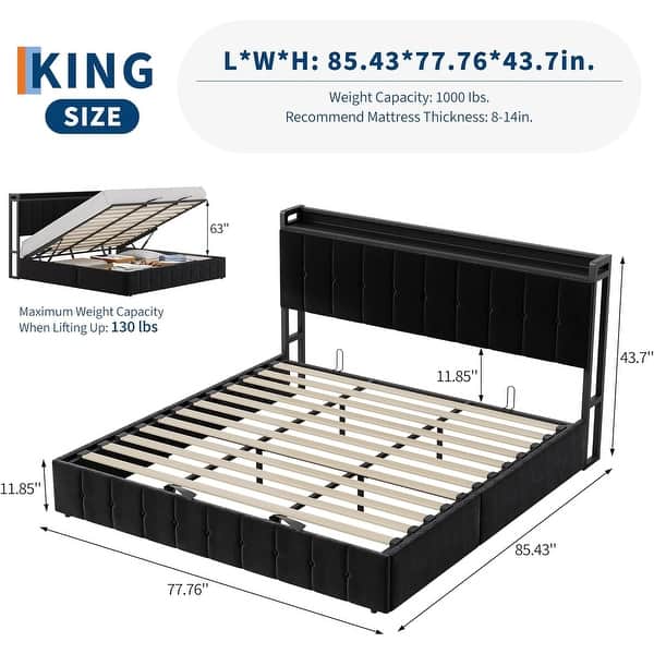 dimension image slide 11 of 12, Bed Frame with Lift Up Storage, Upholstered Velvet Platform Bed with Storage Headboard