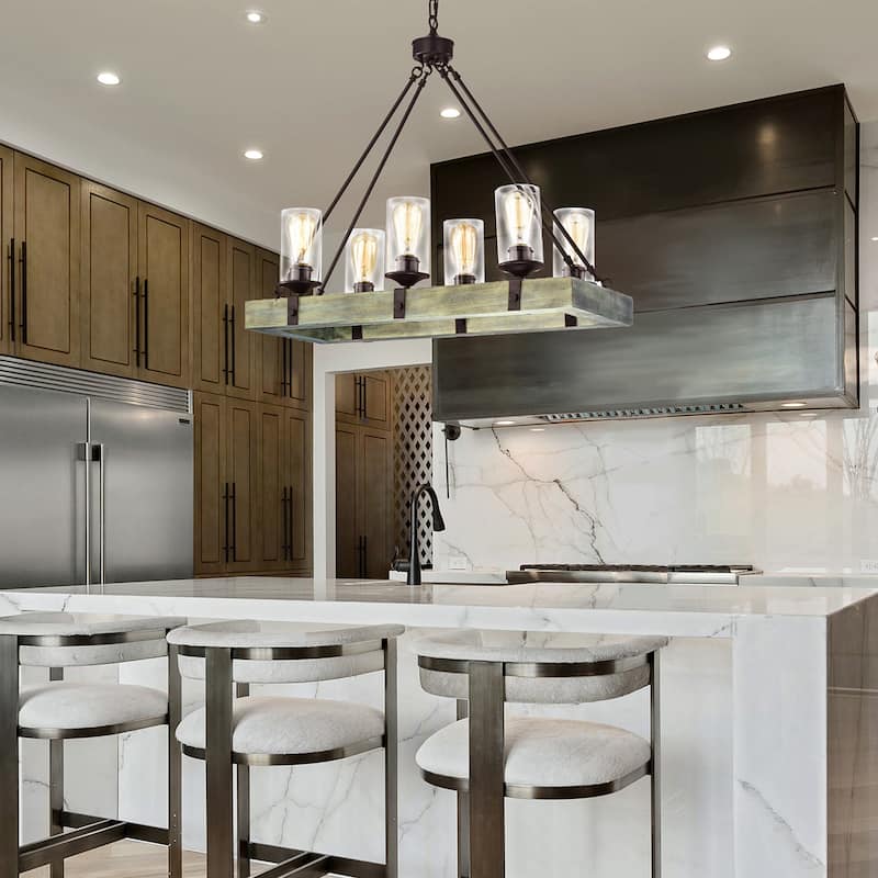 Matte Black and Vintage Wood 6-Light Linear Island Lighting