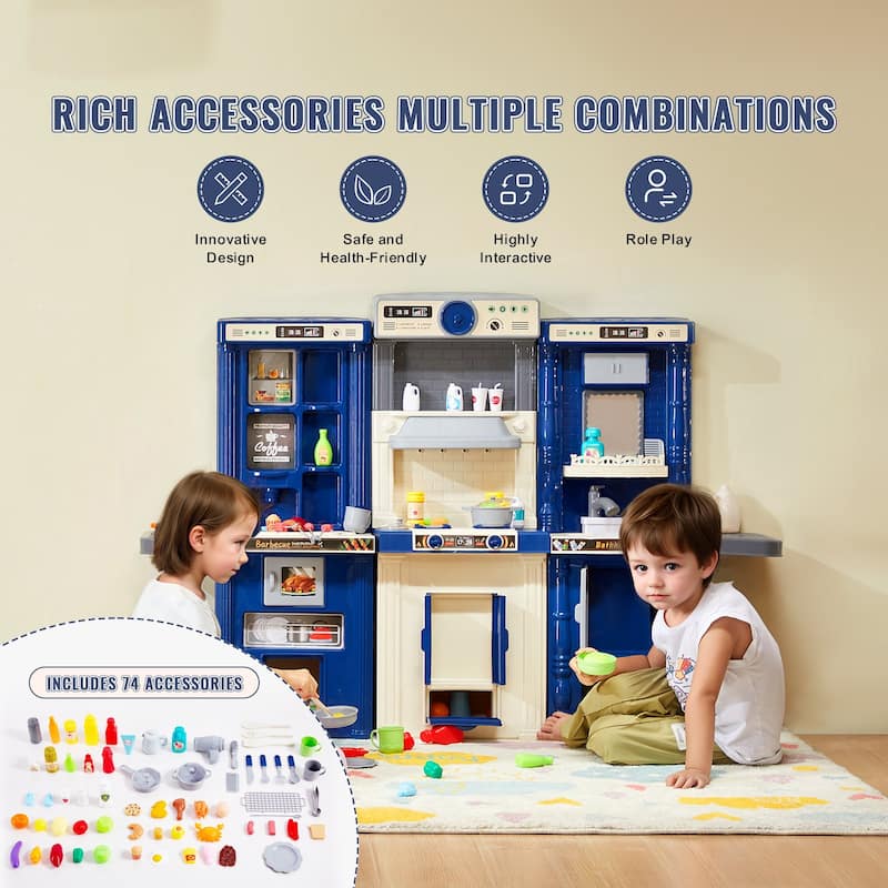 74 Piece Blue Kids Kitchen Cooking Playset Toy Ideal Gift for Any Special Occasions - 50.4 x 11.4 x 35.4 in