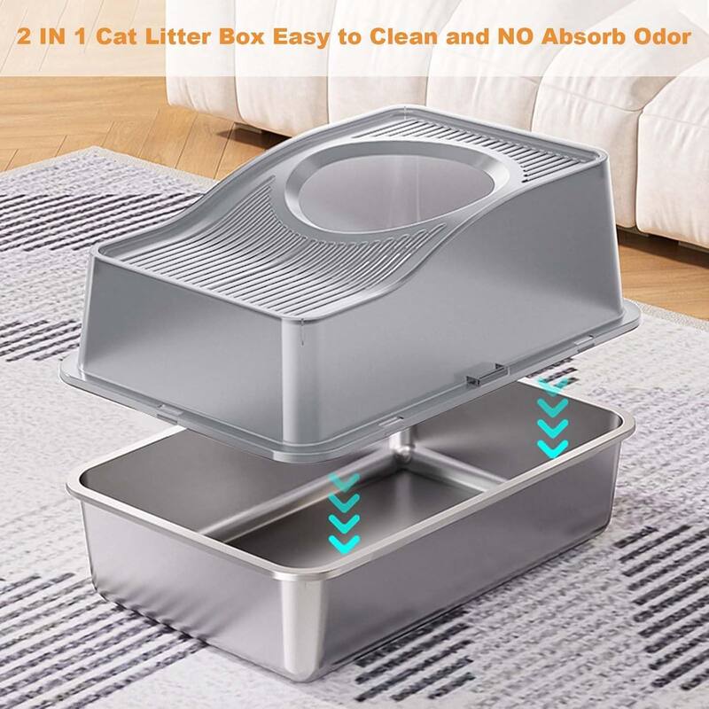 Stainless Steel High Sided Cat Litter Box, Enclosed Removable Covered