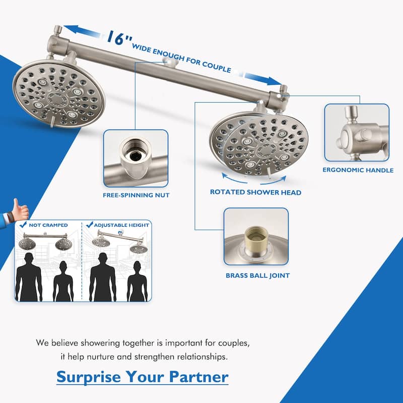 Double Shower Head with Built-in Valve, 6 Setting Dual Shower Head Design for Couple