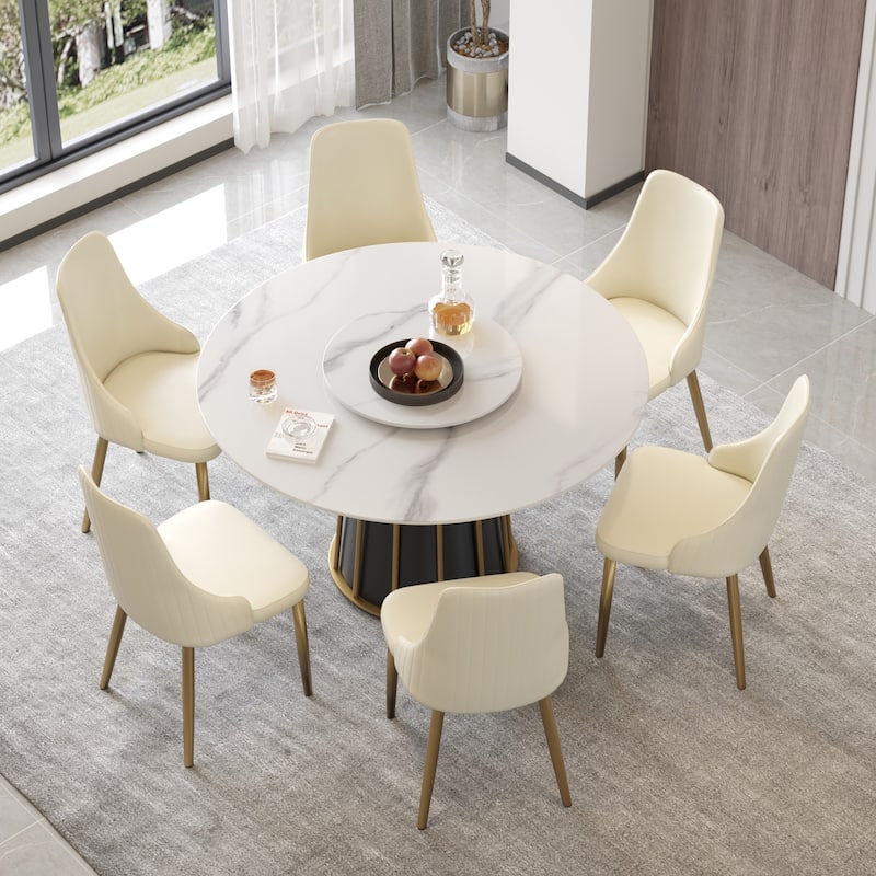 Modern 53" Round White Dining Table for 6 Person Marble Top Gold & Black Pedestal - with white turntable