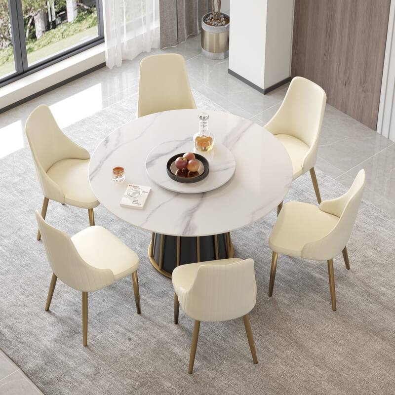Round Metal Pedestal Dining Table Round Sintered Stone Table with Lazy Susan - White - 53"&23.6"
