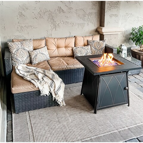 MakeYourDay 3-Seater Rattan Sectional Sofa Set with 3 Kinds of Gas Fire Pit Tables in Red/Blue/Beige