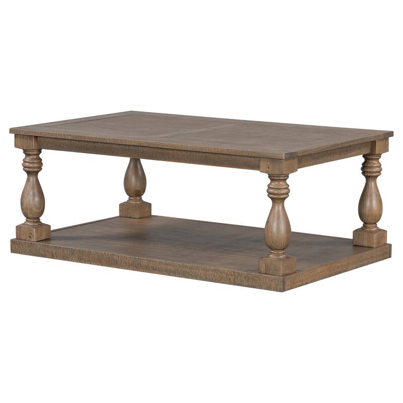 Vintage Coffee Table Featuring Artistic Vase Column Legs and Luxurious Pine Veneer for Timeless Charm