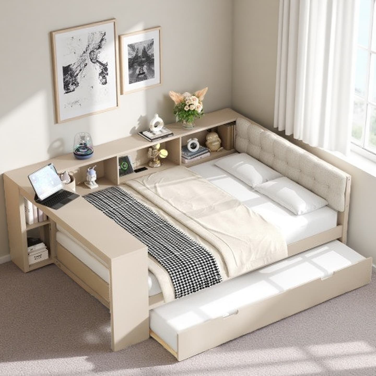 Twin Size Platform Bed with Upholstered Headboard, Built-In Storage Shelves, Trundle, and USB Charging Station, Solid Wood Frame