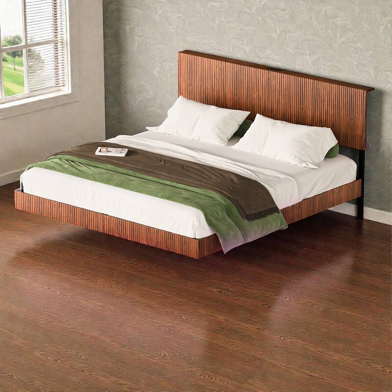 King Floating Bed Frame with LED Lights and Charging Station, Wavy Headboard, No Box Spring Needed