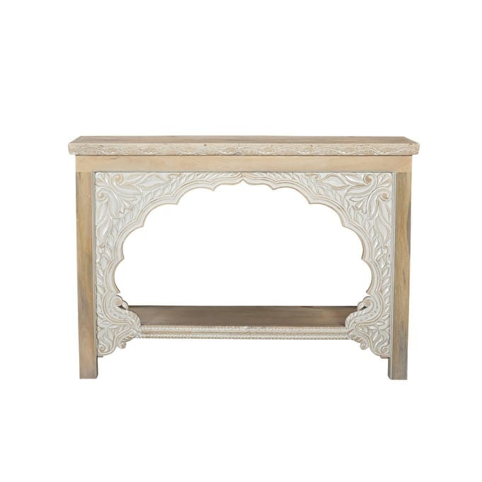 HomeRoots 56" Natural Solid Wood Distressed Console Table With Shelf - 56 in. x 40 in. x 18 in.